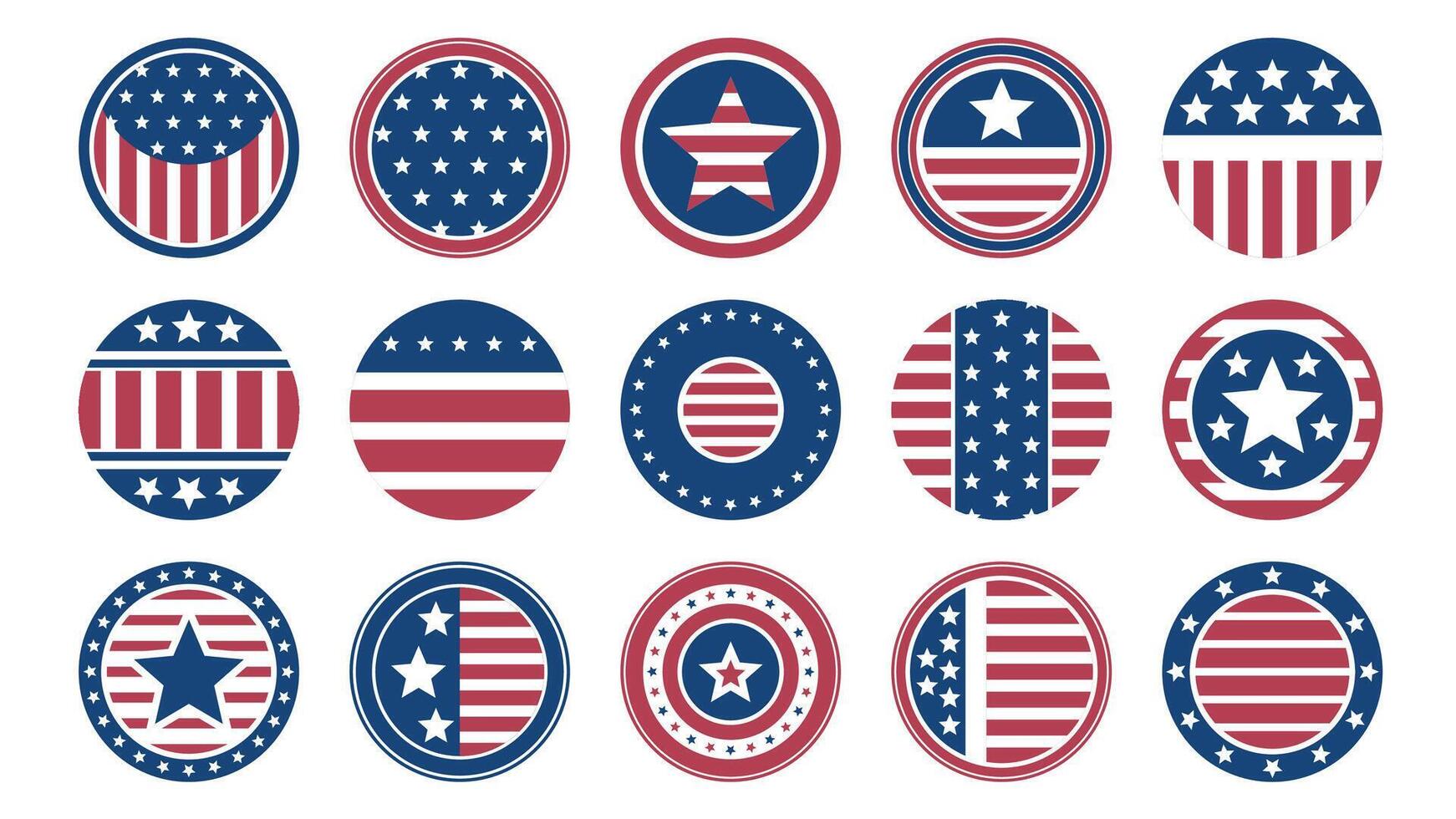 US American flag circle label. Round stamp with american patriotic emblem, America country flag with stripes and stars. Vector flat sticker set