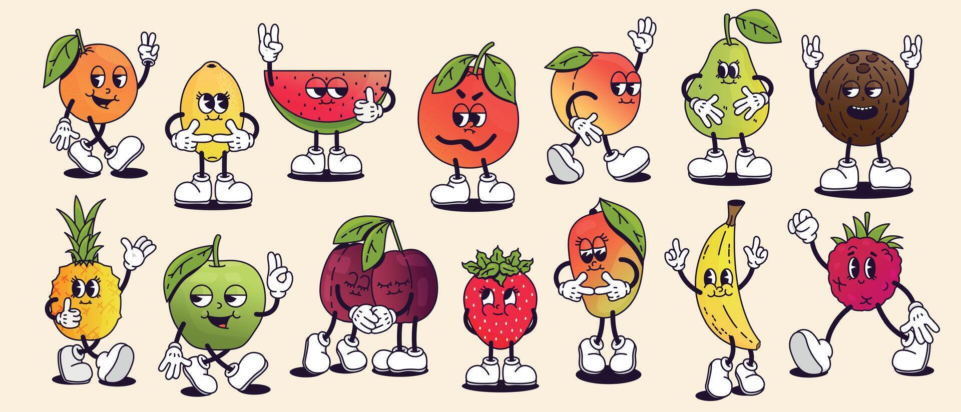 retro dibujos animados frutas dibujos animados linda manzana, naranja y pomelo caras, maravilloso cómic caracteres diferente posa, frutas con contento sonriente emoción. vector aislado conjunto