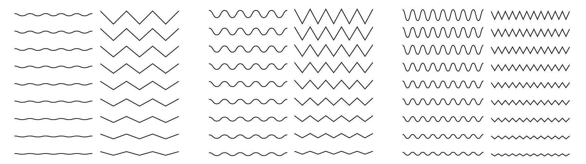 Line wave and zigzag. Curved and straight waveforms for audio equalisation, undulating wavelike elements and zigzag distortion lines. Vector isolated set