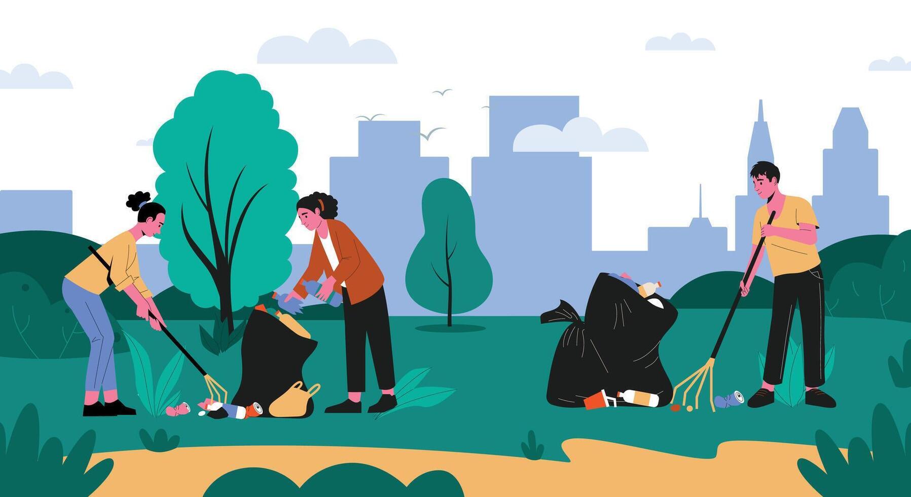 Volunteers cleaning up parks, pick up rubbish. Illustration of rubbish in park, garbage and trash, environment cleaning and volunteering vector