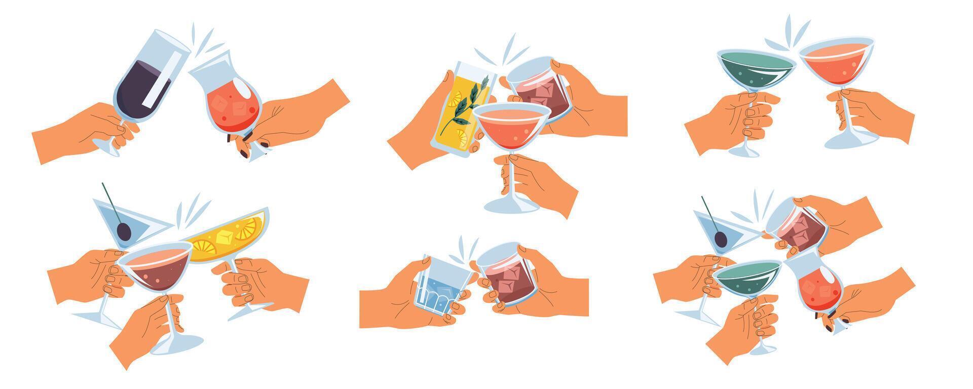 Hands toast with alcohol. Cartoon person drink wine champagne cocktail, celebrate party with friends, drink alcohol. Vector flat persons hands holding wine glass isolated set
