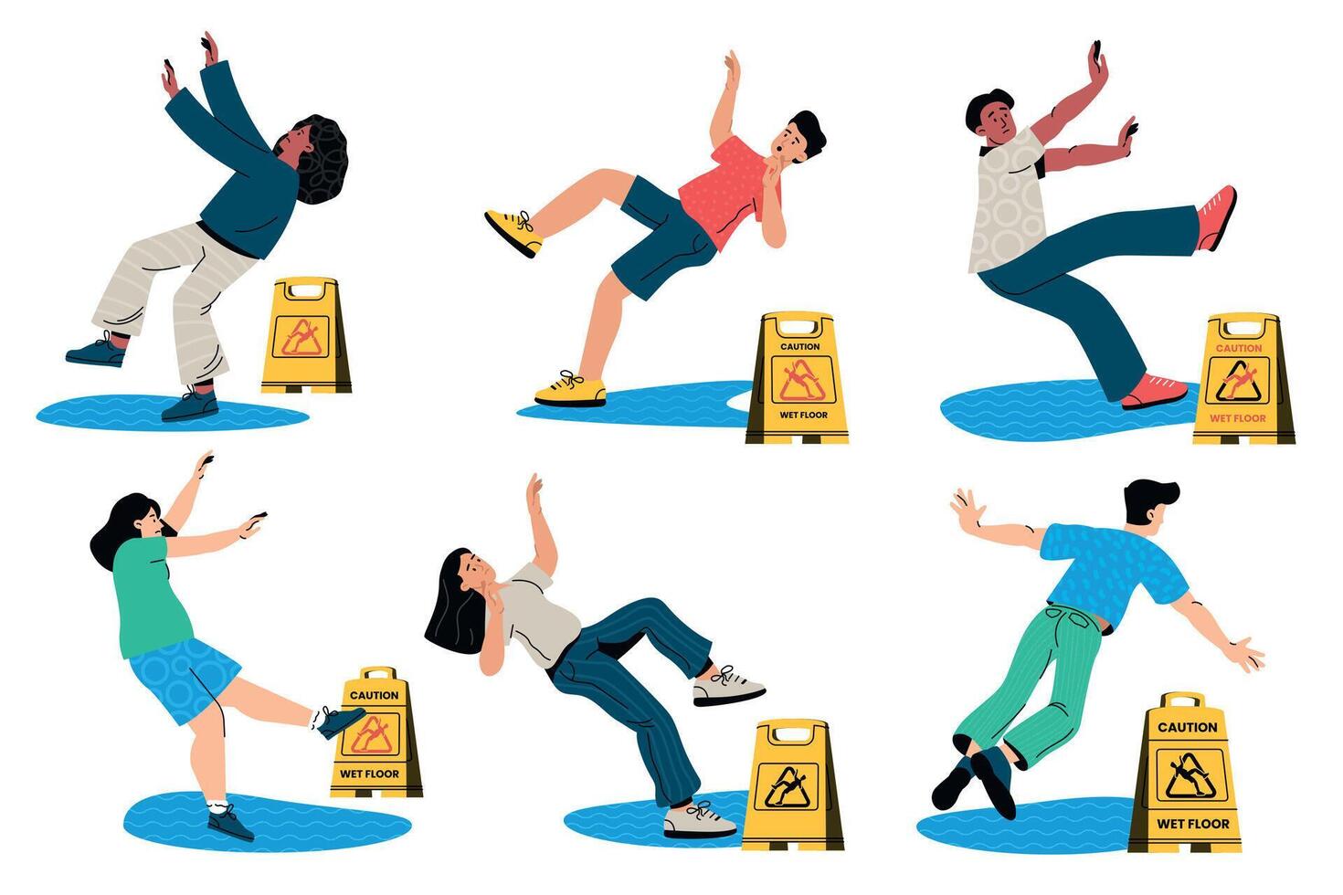 People slip on wet floor. Yellow caution sign, fall down accident, health hazard and danger. Vector man and woman stumble down on wet surface