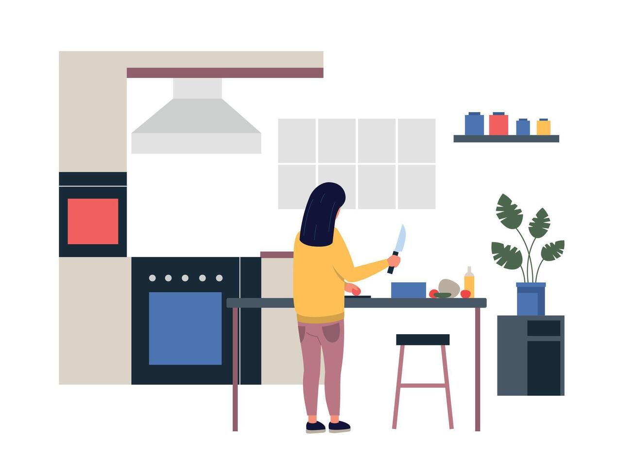 Woman cooking at home, girl at kitchen vector