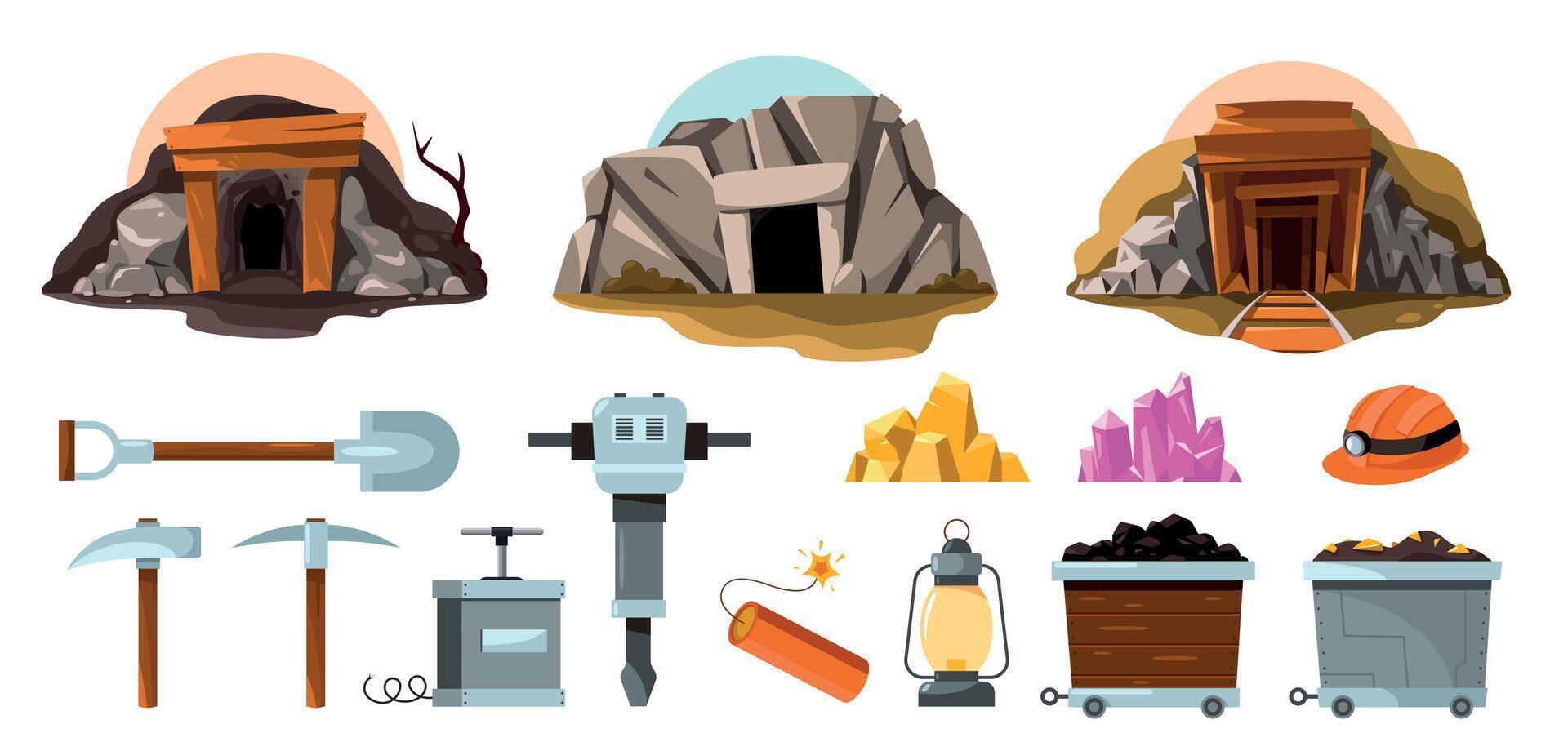 Mine tools. Cartoon miner worker tools, mining cart with drill hammer pickaxe, underground cart with mining equipment flat style. Vector isolated set