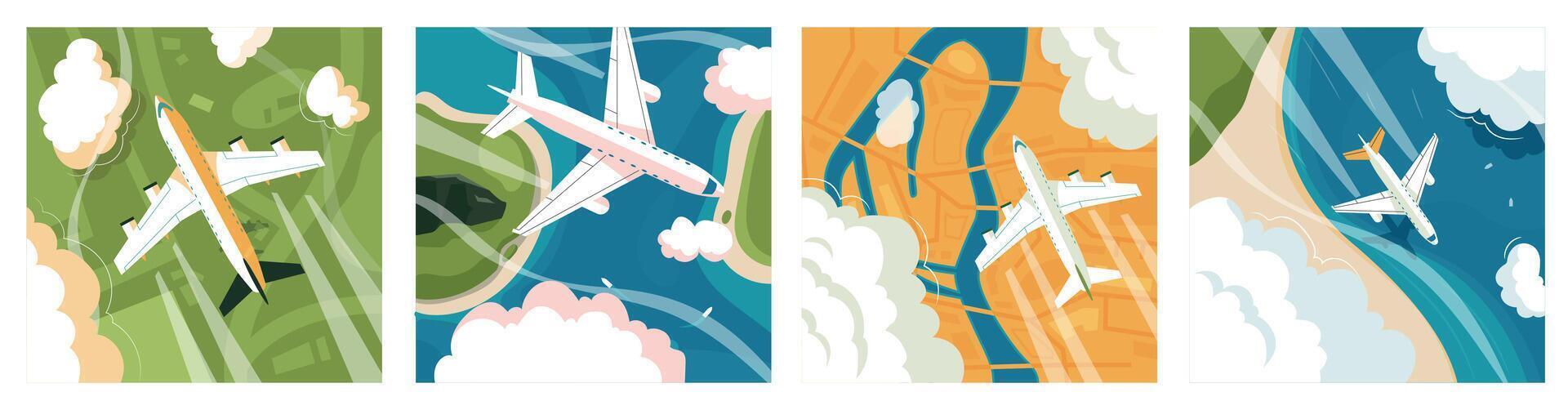 Airplane top view background. Square banner with aerial view of passenger plane flying over woods sea coast and green planes. Vector aviation aerial view illustrations