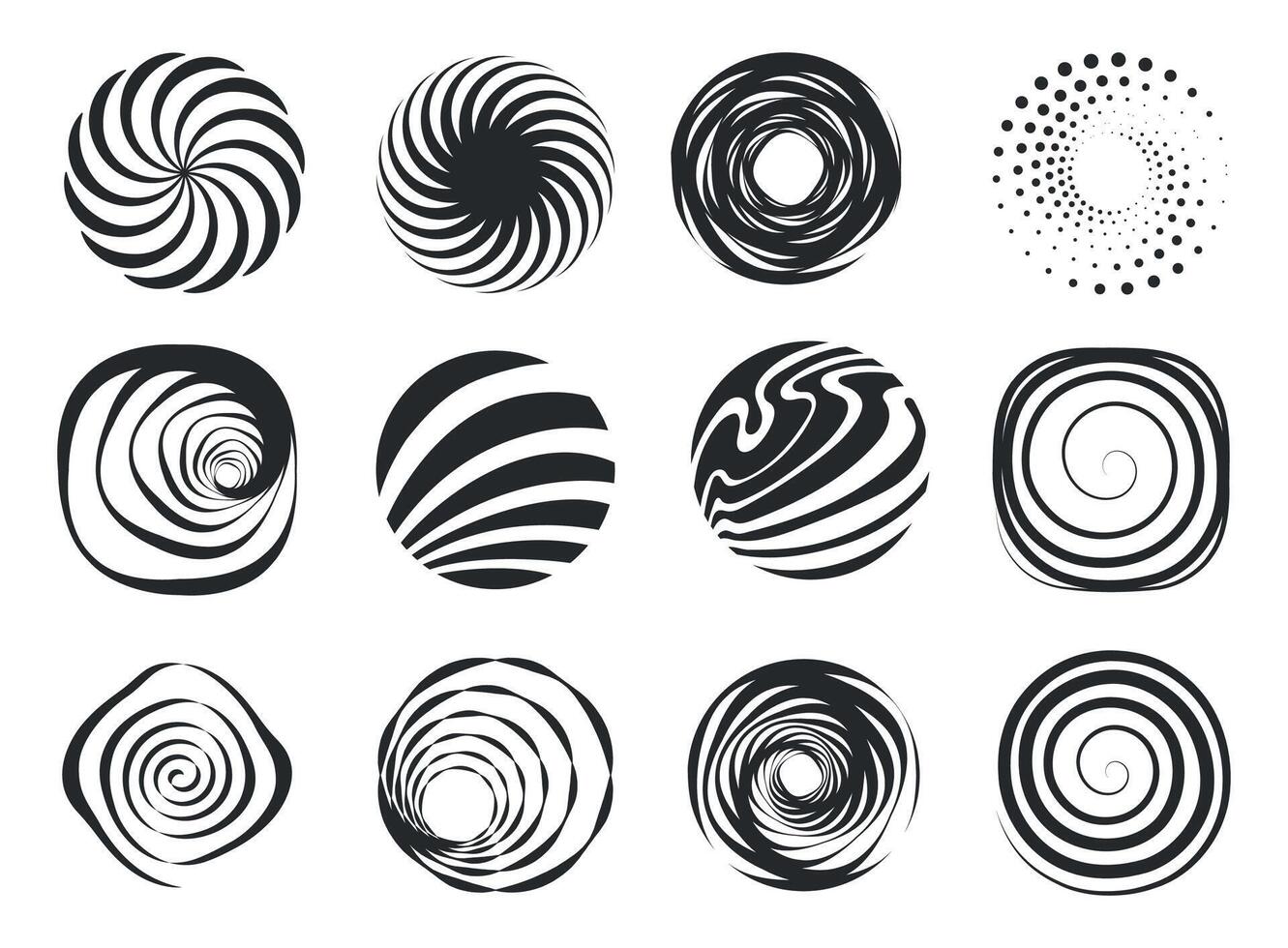 Abstract swirl geometric figures, modern wavy circle spiral abstract elements, motion black border design elements vector