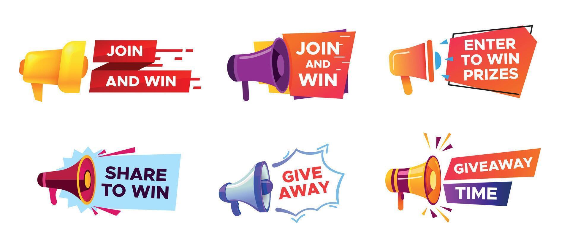 Giveaway banner with megaphone. Winning prize in contest, loudspeaker announcing competition, random winner vector
