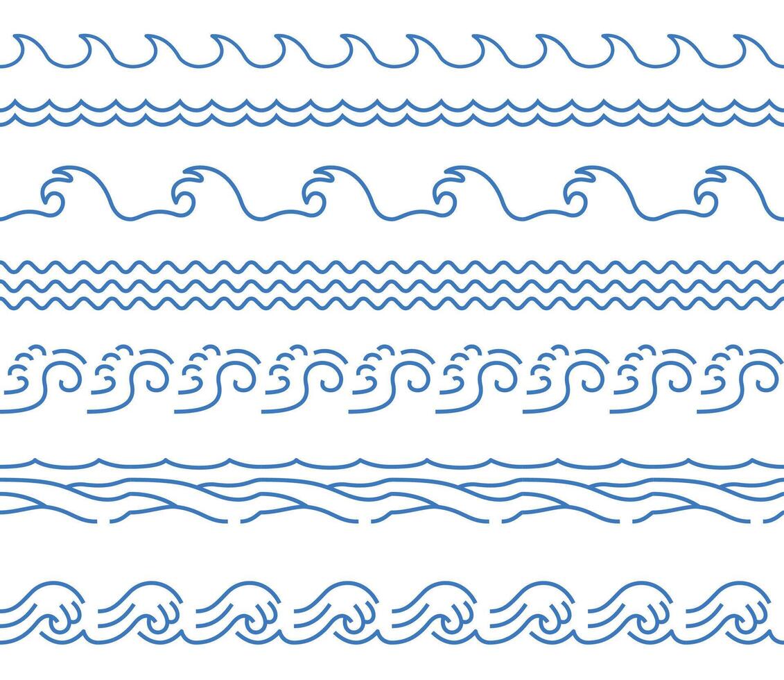 Water wave horizontal line. Seamless blue river wave border logo water symbol, ocean beach river tide outline symbol. Vector isolated set