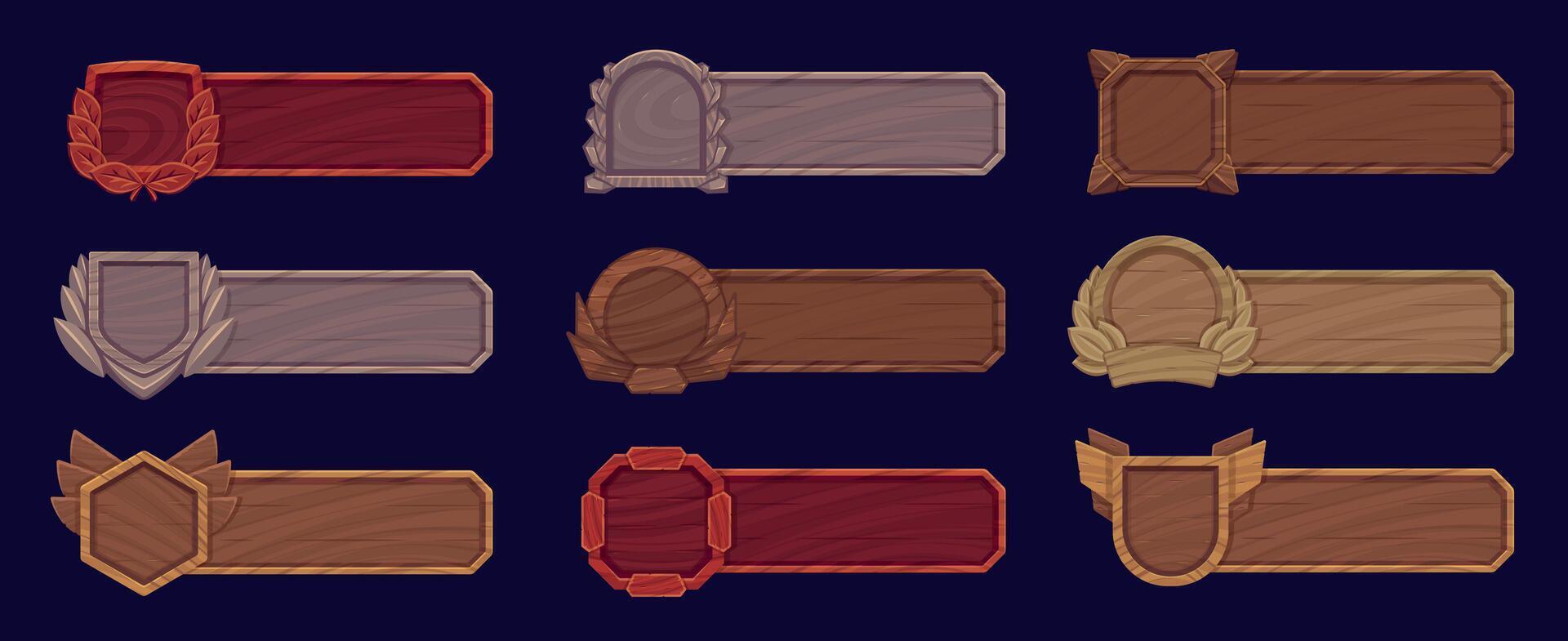 Wooden game interface banner. Vintage high-quality labels and star badges with empty titles for rpg web design, fantasy rating bars. Vector set