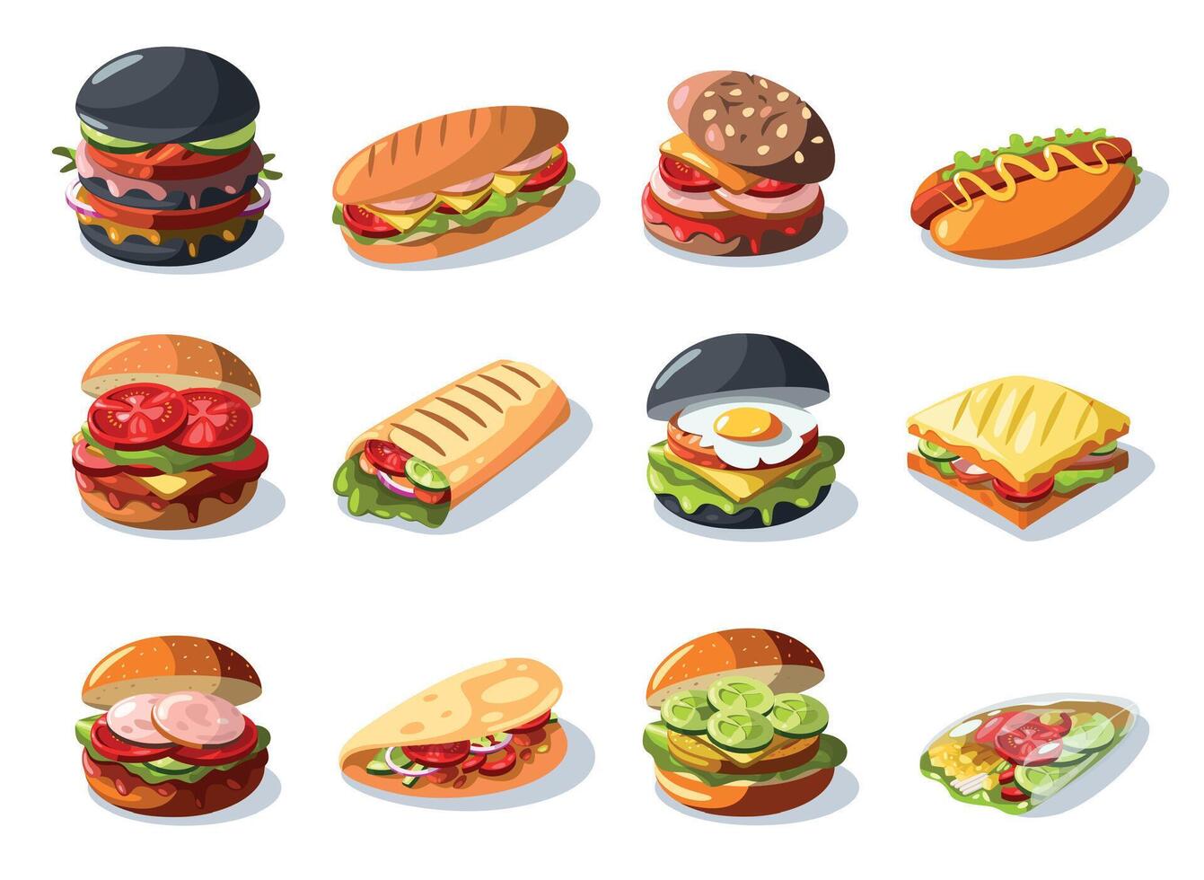 Cartoon sandwiches. Fresh fast food with different fillings, healthy food for snack and lunch. Fastfood icons with cheese tomato and lettuce Vector set