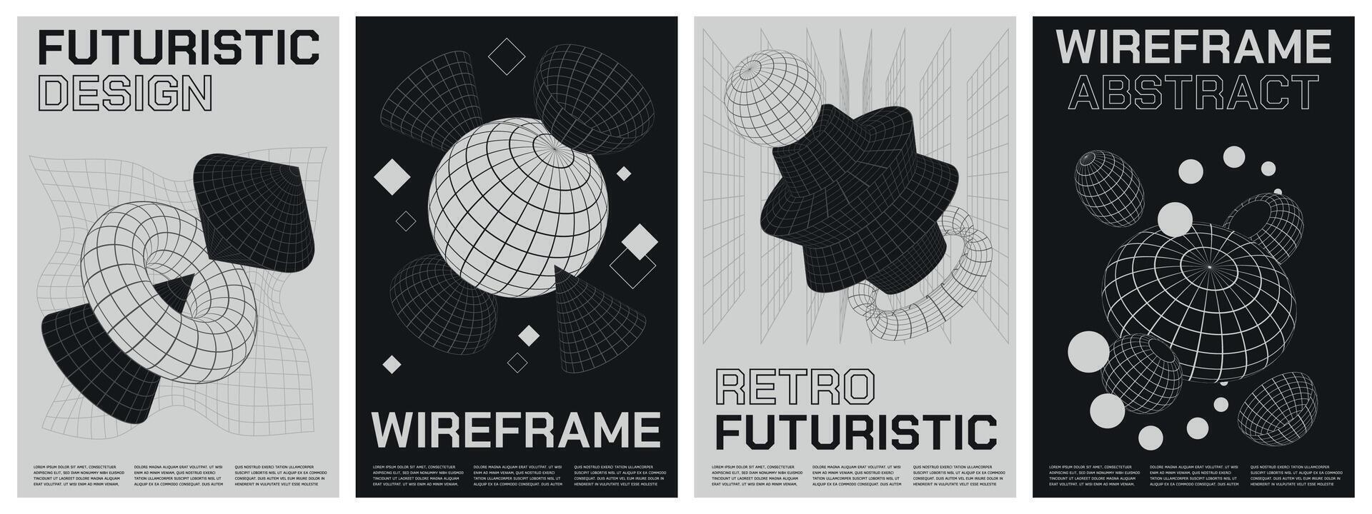 Modern wireframe posters. Retro futuristic modern grid shapes of different sizes, 80s and 90s geometric contemporary artwork. Vector brochures design mockup