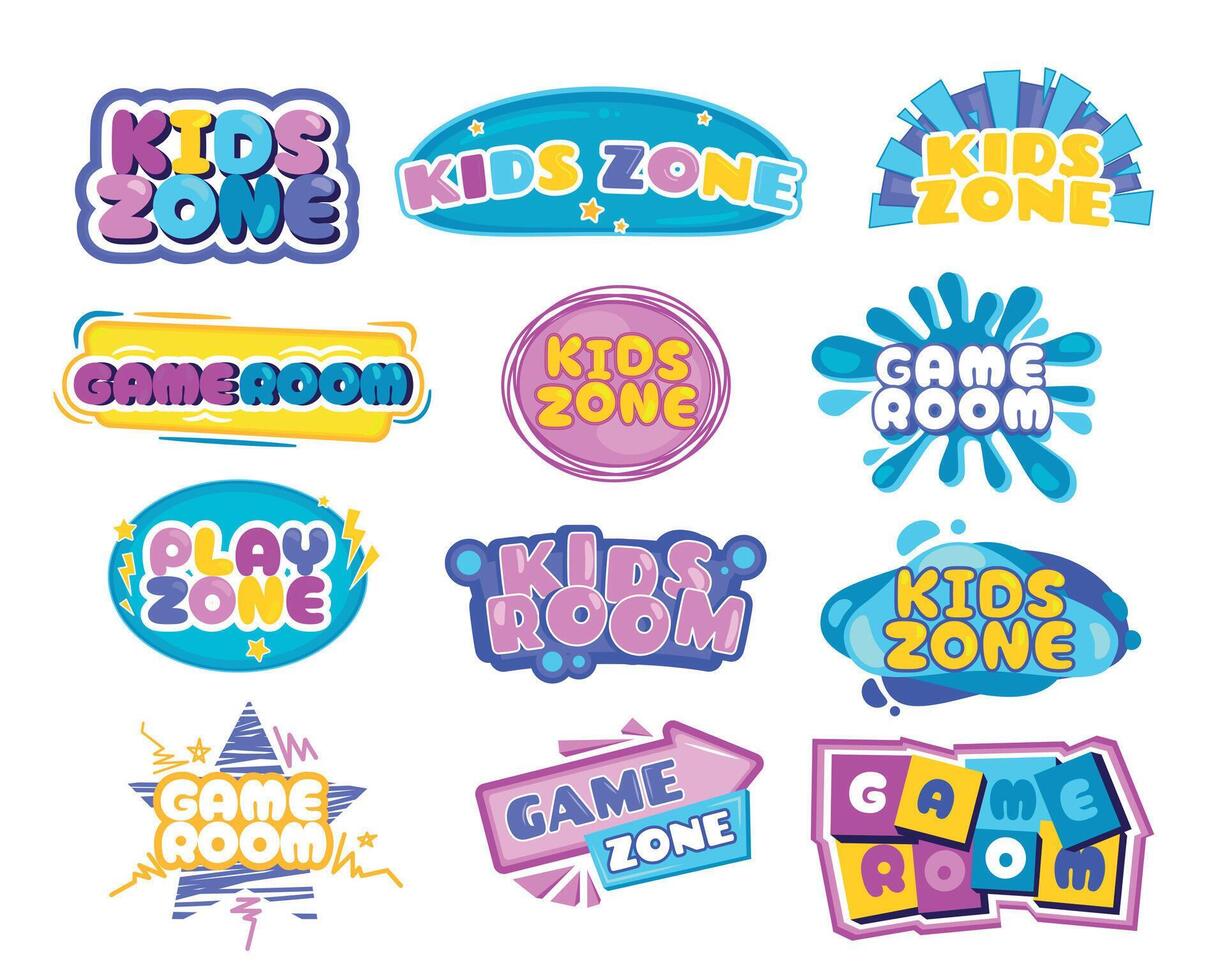 Kids entertainment emblem. Cartoon colorful childish decorative elements for kindergarten, nursery and child room design. Vector childish logo set