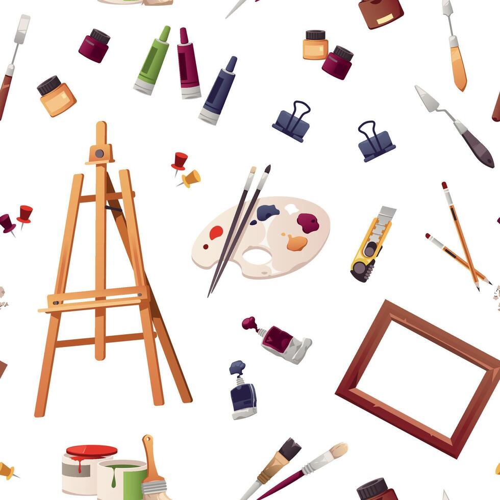 Art tools pattern. Seamless print of various painting and drawing equipment, endless background with cartoon paintbrush palette pencils. Vector texture