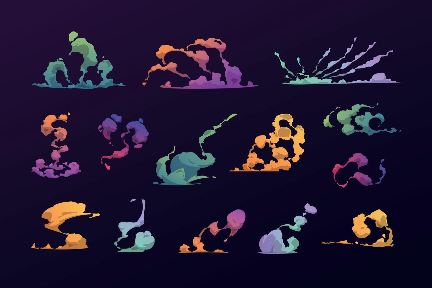 Cartoon colorful smoke effect. Comic game asset of magic fire burst and poison blast explosion, colorful fire motion sprite set. Vector isolated set