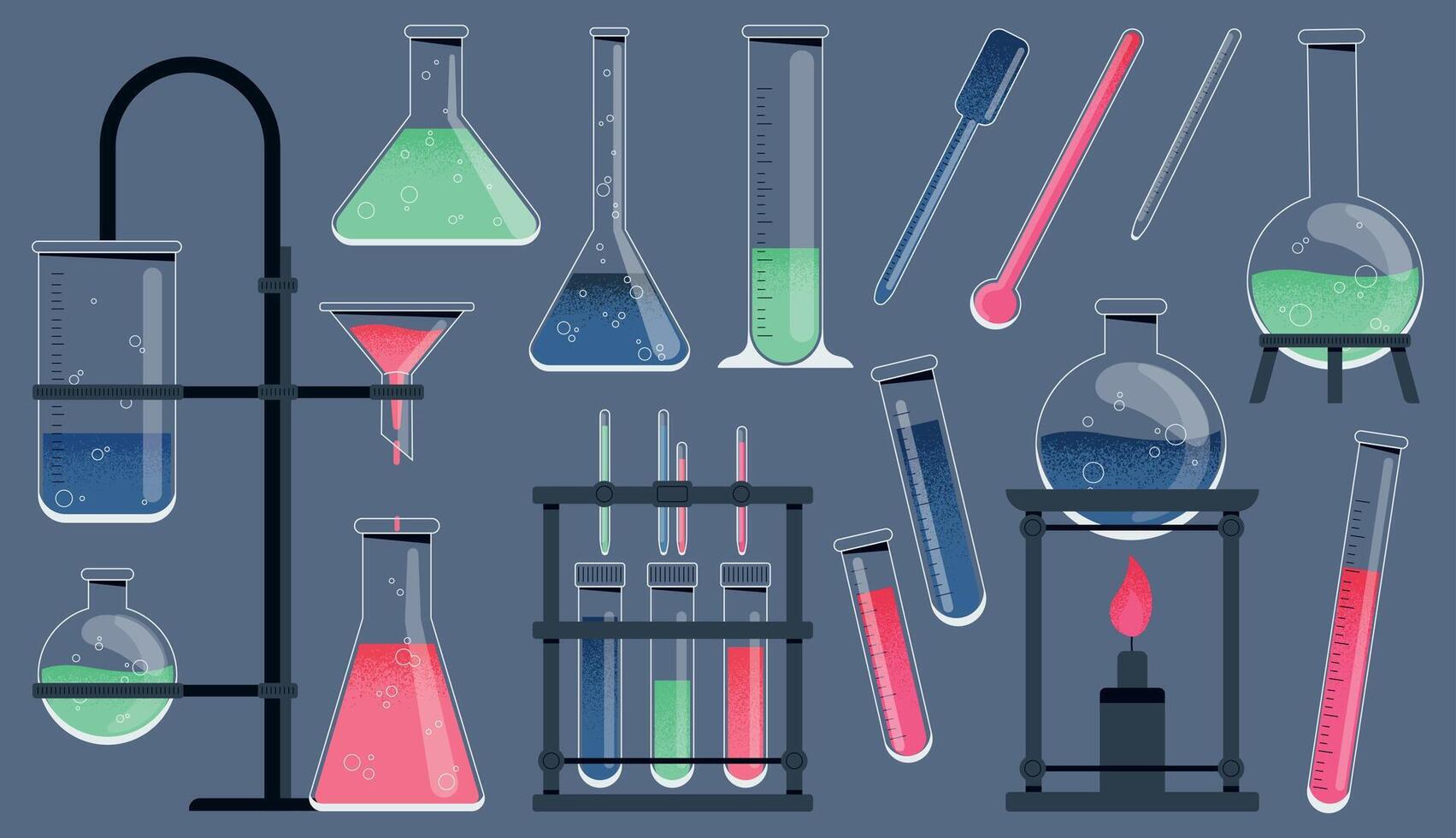 química herramientas. dibujos animados químico laboratorio equipo, científico investigación equipo, farmacia y biología laboratorio equipo. vector aislado conjunto