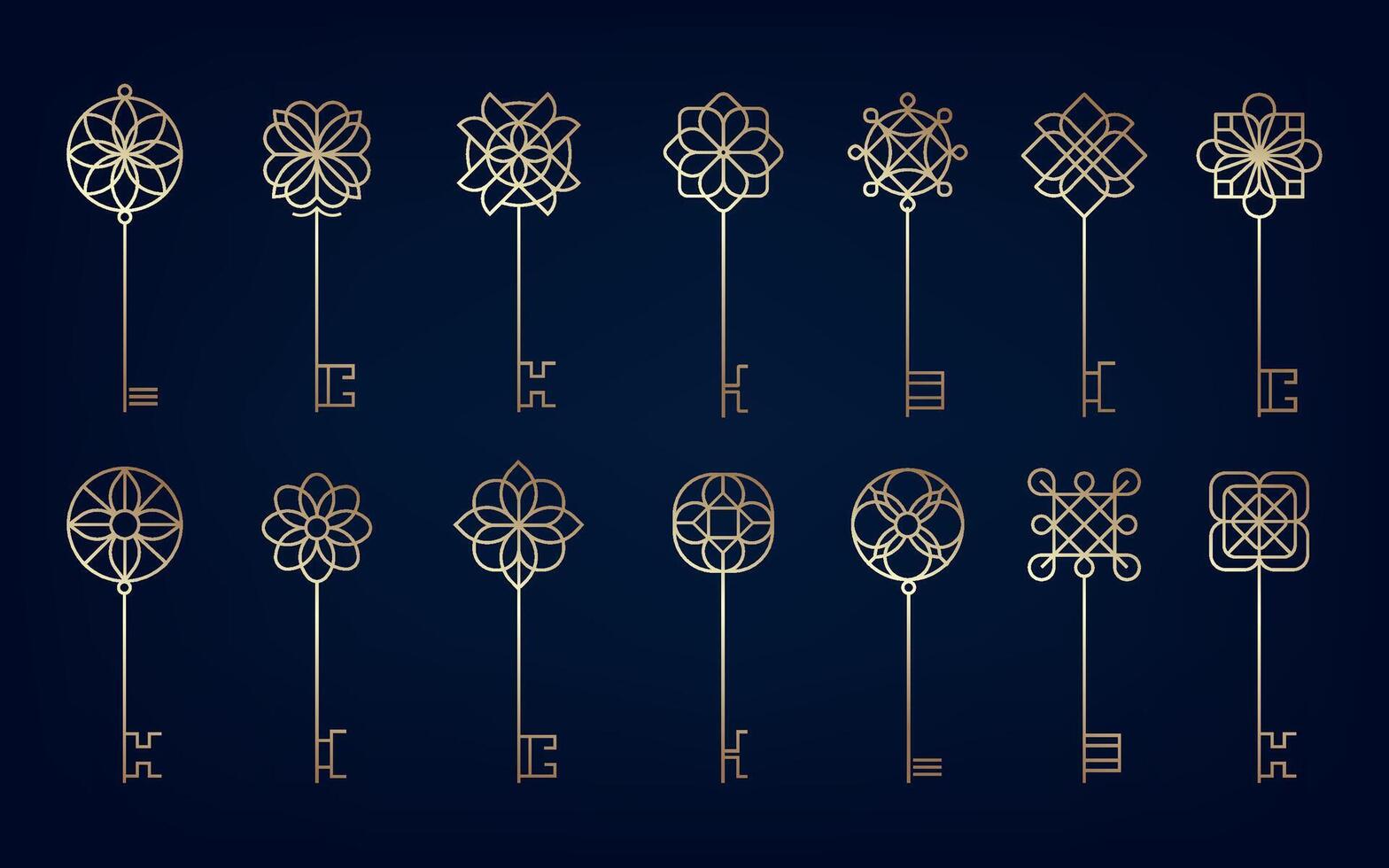 Line key collection. Decorative crossed keys for password, security and privacy, luxury vintage style. Vector isolated collection