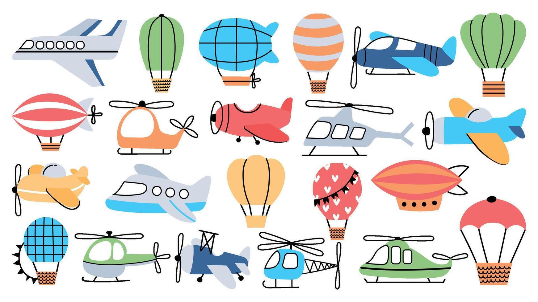 Air transport in childish style, plane, helicopter, airship and balloon. Flying airplanes for kids nursery decoration, traveling vector set