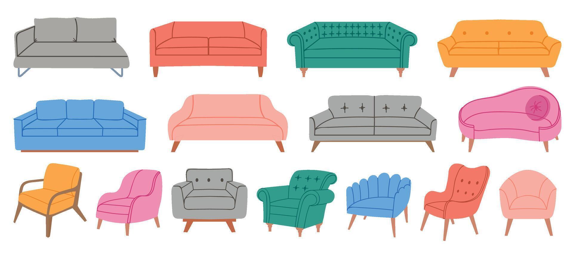 Cartoon chair, sofa and couch, house comfort soft furniture. Cozy armchairs in scandinavian style. Interior relaxing elements vector set