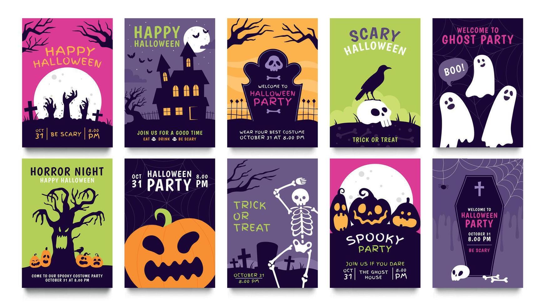 Posters for halloween party. Horror movie night flyer, ticket and trick or treat invitation with skeleton, zombie, scary pumpkin vector set