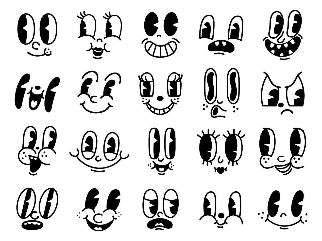 Retro 30s cartoon mascot characters funny faces. 50s, 60s old animation eyes and mouths elements. Vintage comic smile for logo vector set