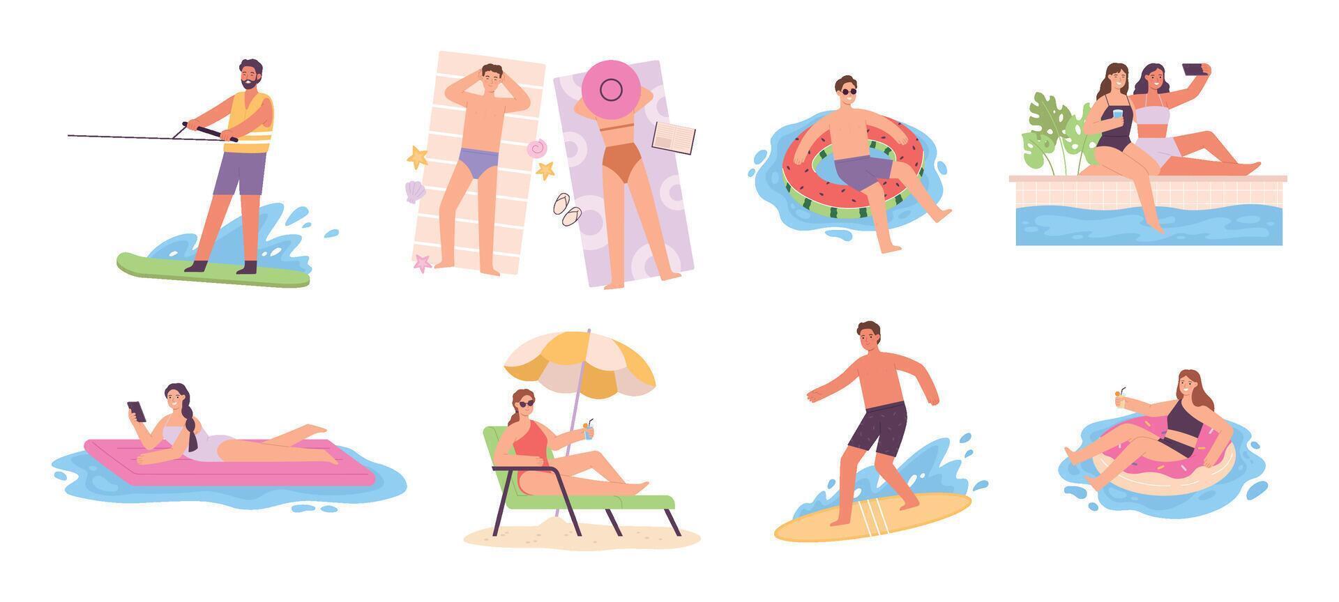 Flat characters enjoying summer, sunbathe on lounger and lay at swim rings. Women in swimming pool. Men surfer. Tourists activity vector set