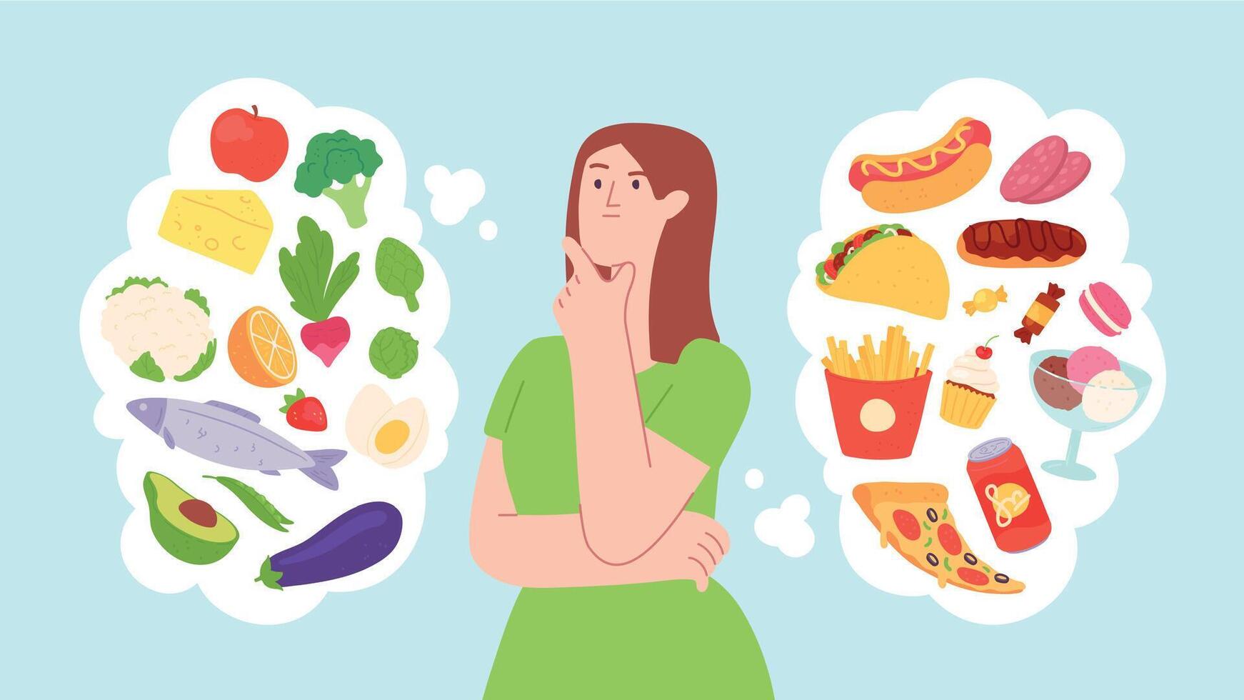 Woman on food diet. Healthy and unhealthy products balance. Character choose between fastfood and vegetable. Health lifestyle vector concept