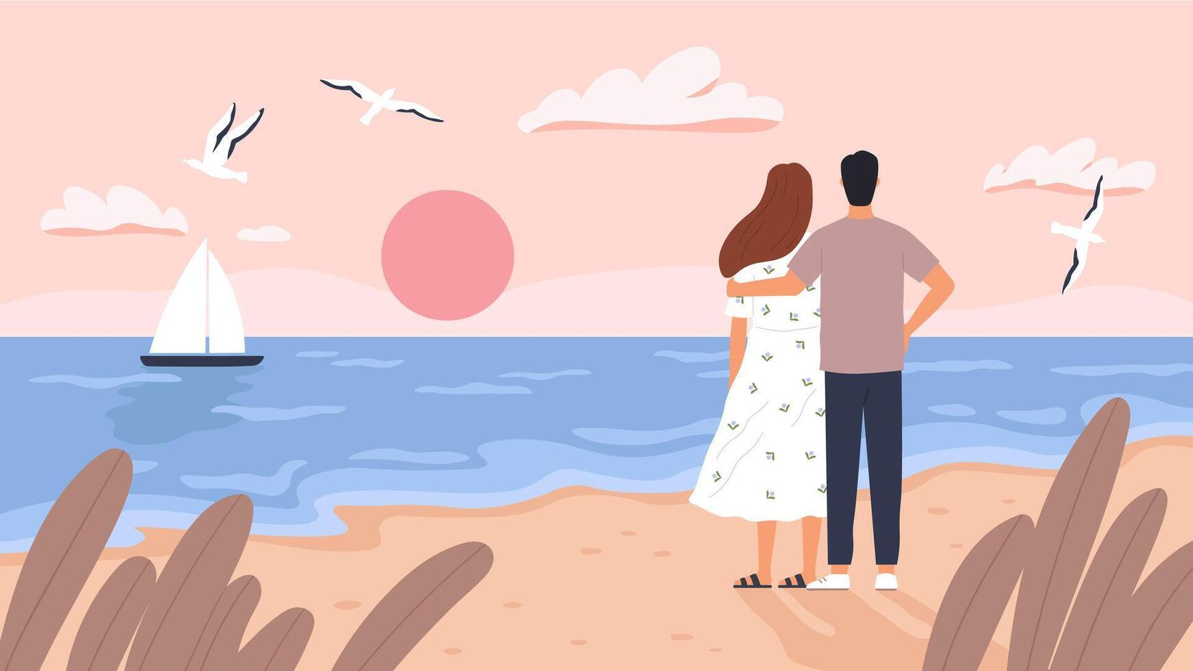 Couple at sea sunset. Man and woman on date at summer beach. Seascape with boat, gulls and tourists. Romantic wedding travel vector concept