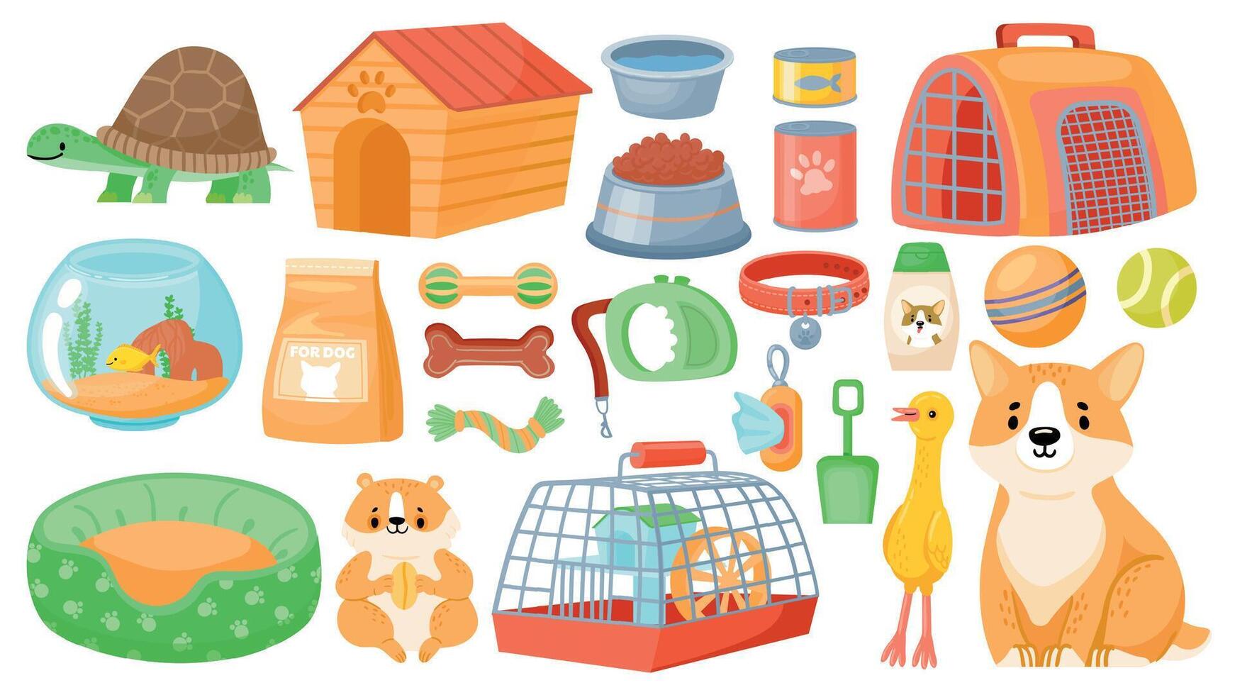 Cartoon pet food, accessories, care items, toys and treats. Animal shop supplies, collar, dog grooming, hamster cage and aquarium vector set