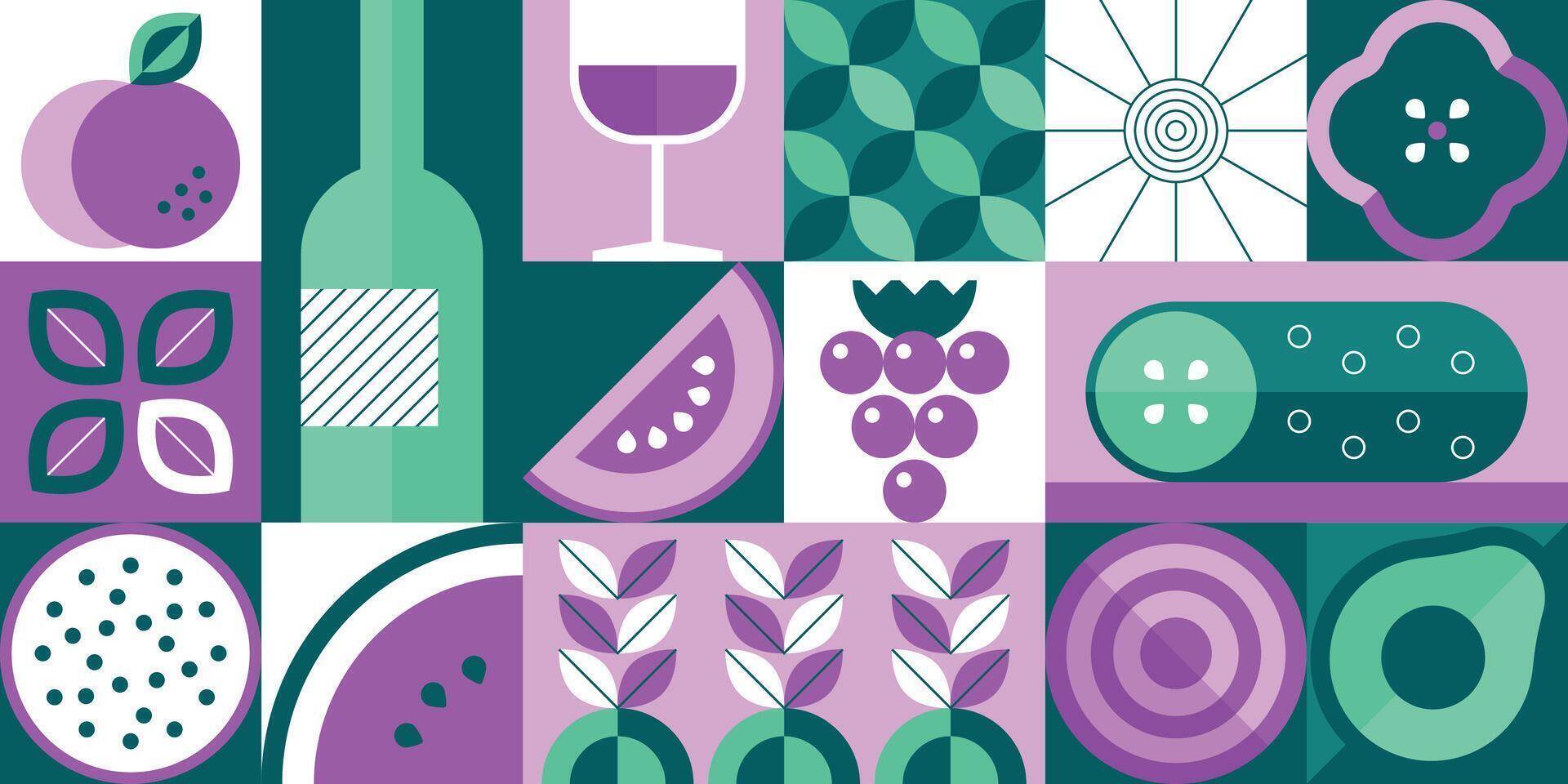 Abstract food. Minimalistic geometric fruits and vegetables on brutalistic banner. Vector organic food illustration