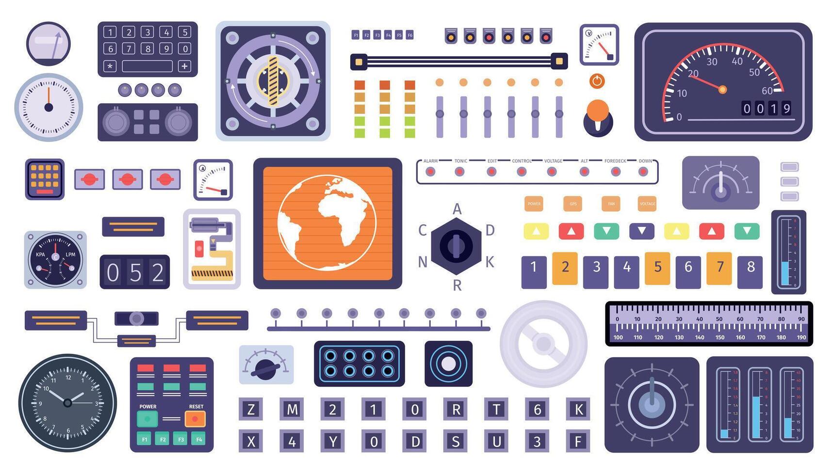 controlar panel elementos, astronave interruptores, botones, diales y pantallas plano retro astronave tablero consola monitor y mando vector conjunto