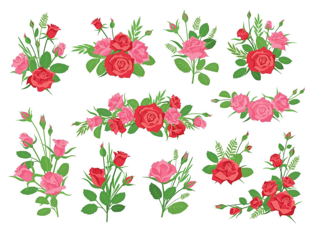 Cartoon pink and red rose floral bouquets with leaves and grass. Vintage romantic bouquet with flowers and buds. Roses decoration vector set