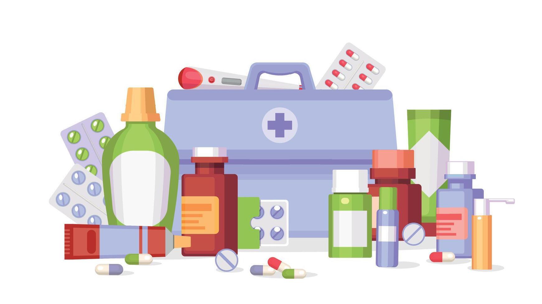 plano farmacia grupo de medicina ampollas, contenedores y botellas remedio viales, pastillas, drogas y vitamina tabletas medicación vector concepto