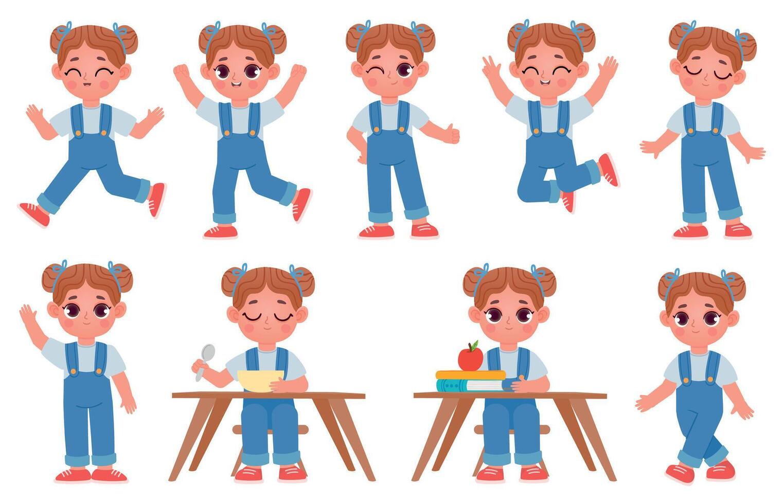 dibujos animados pequeño niño niña personaje poses y expresiones colegio niño sentar a mesa con libros. linda muchachas caminar, correr, saltar y comer vector conjunto