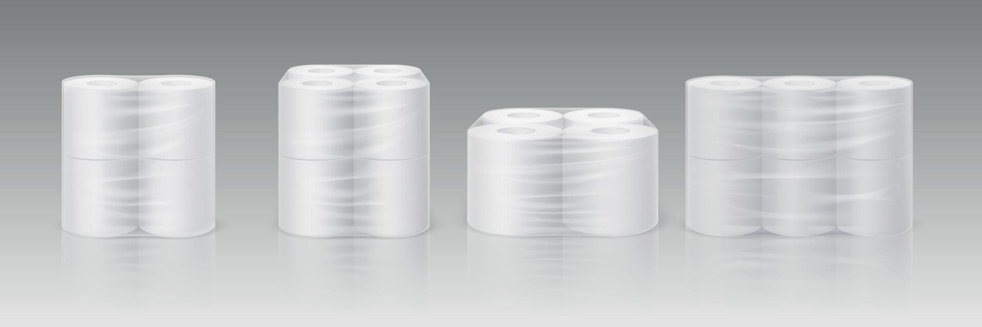 Realistic white toilet paper rolls in plastic pack mockup. Hygiene cleaning tissues in transparent package. Soft absorbent towels vector set