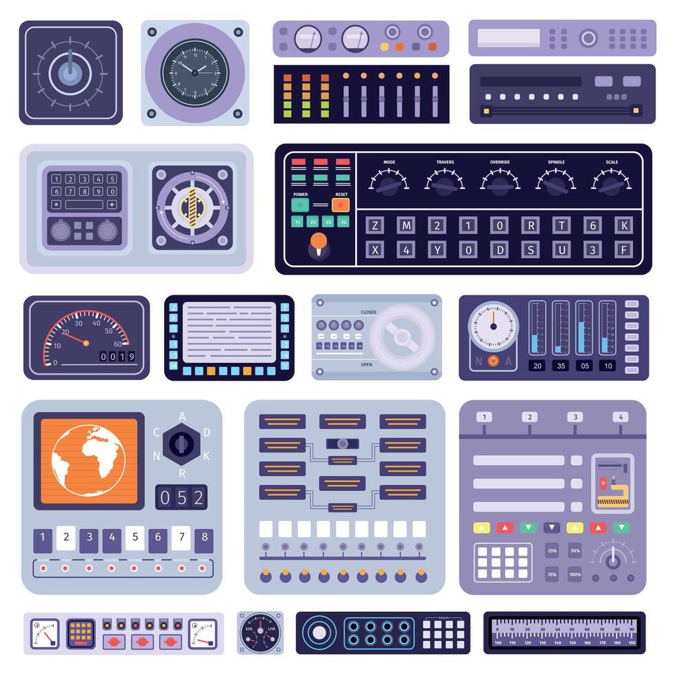 Space control dashboard panel, sensors data and displays. Spaceship cockpit buttons, handles, dials and knobs. Spacecraft console vector set