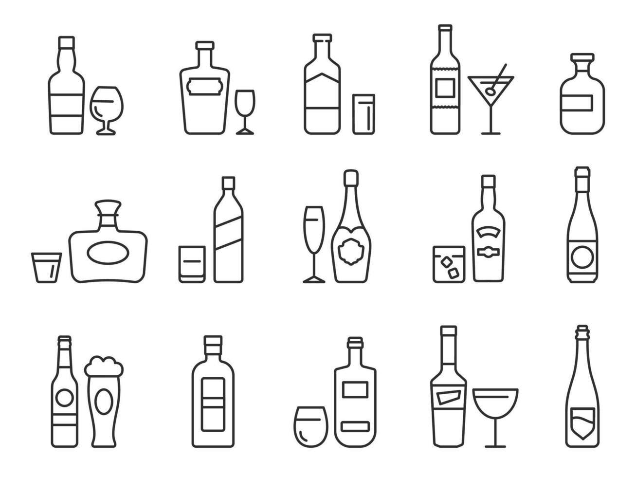 alcohol bebidas línea iconos contorno botellas y lentes con cerveza, vino y bar cocteles pub menú símbolos para alcohólico bebida vector conjunto