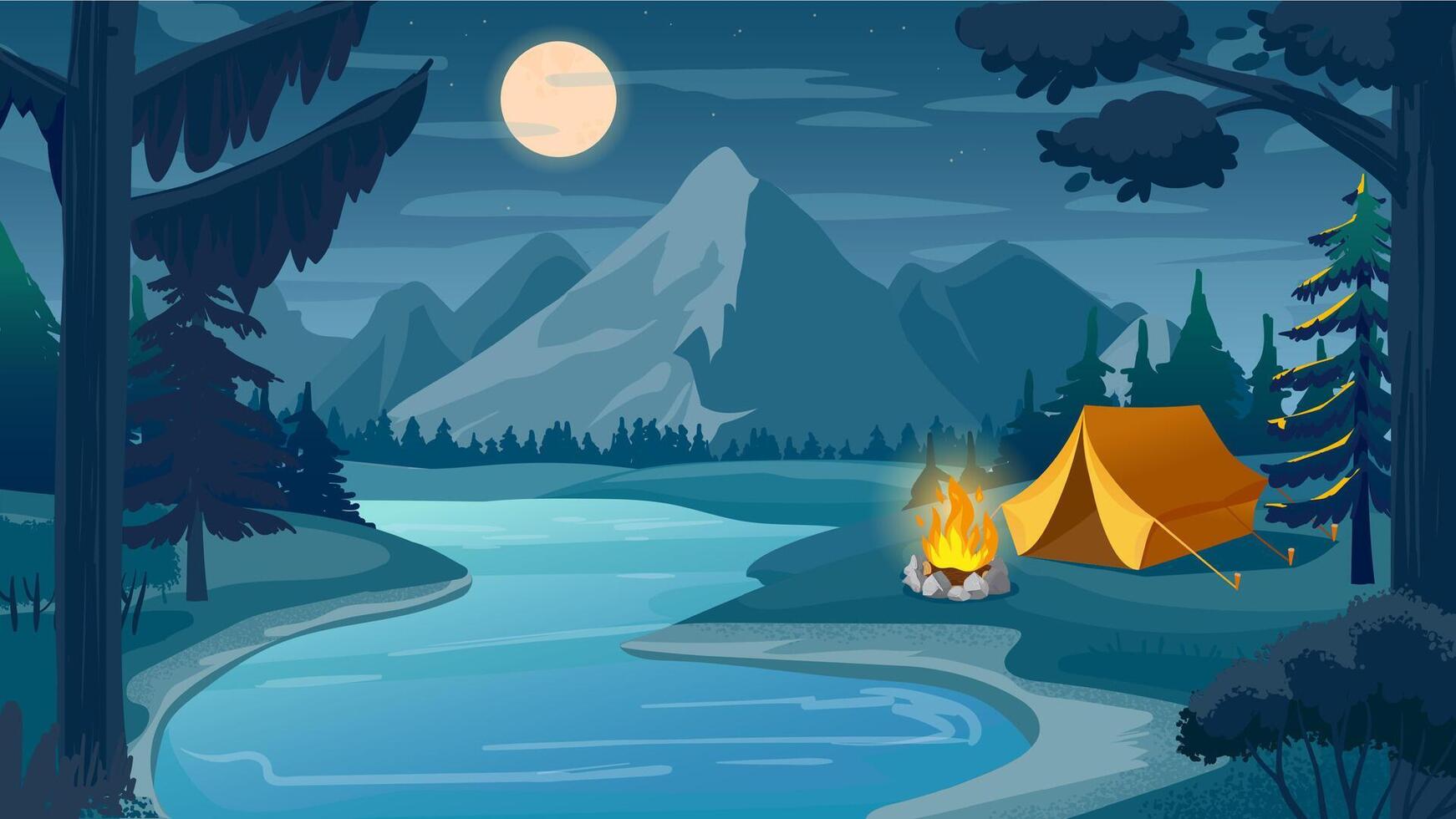 Mountain night camping. Cartoon forest landscape with lake, tent and campfire, sky with moon. Hiking adventure, nature tourism vector scene