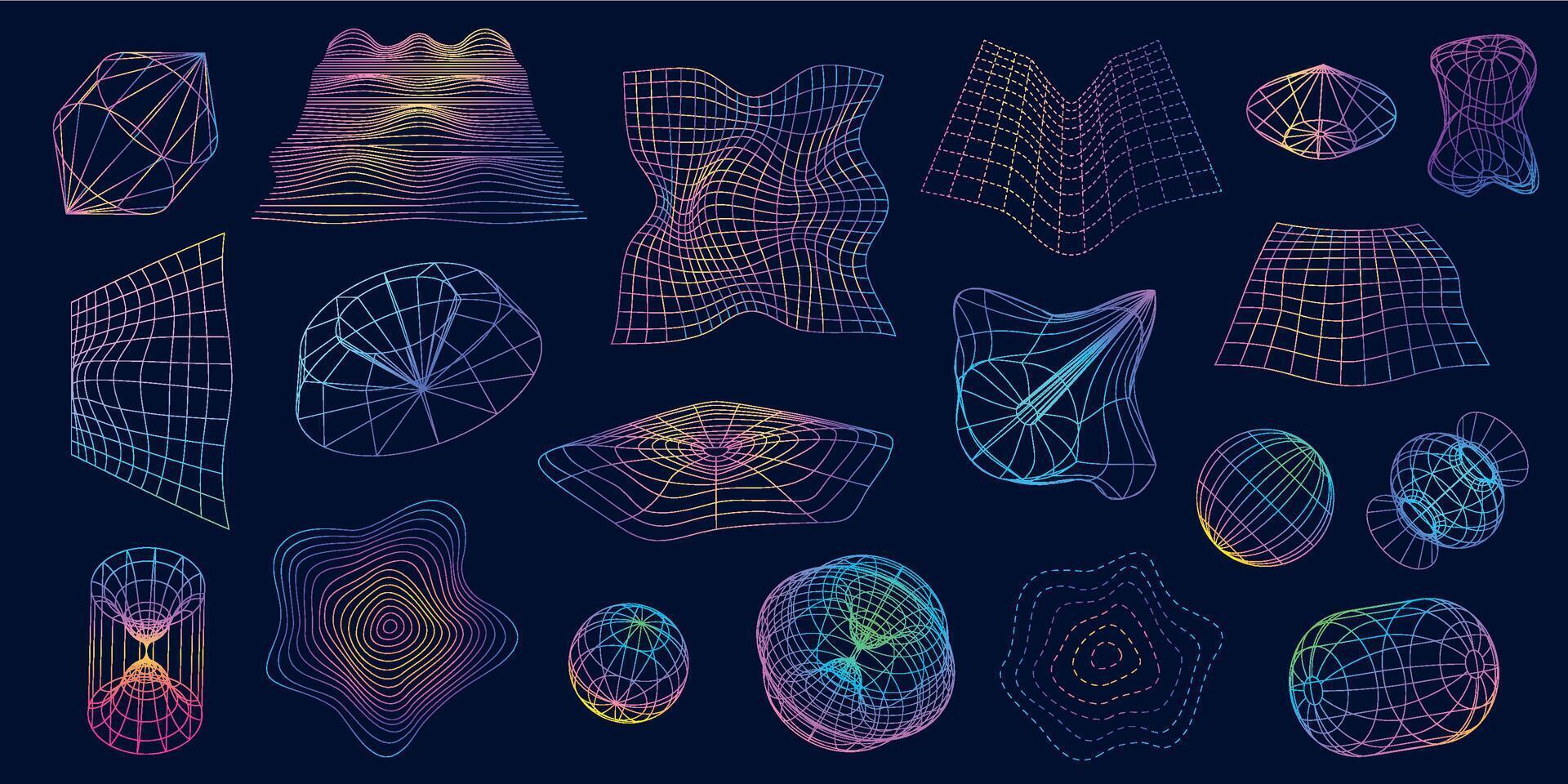 Retrofuturistic wireframe shapes, 3d sphere and distorted perspective grids. Line mesh geometric objects. Cyber futuristic shape vector set