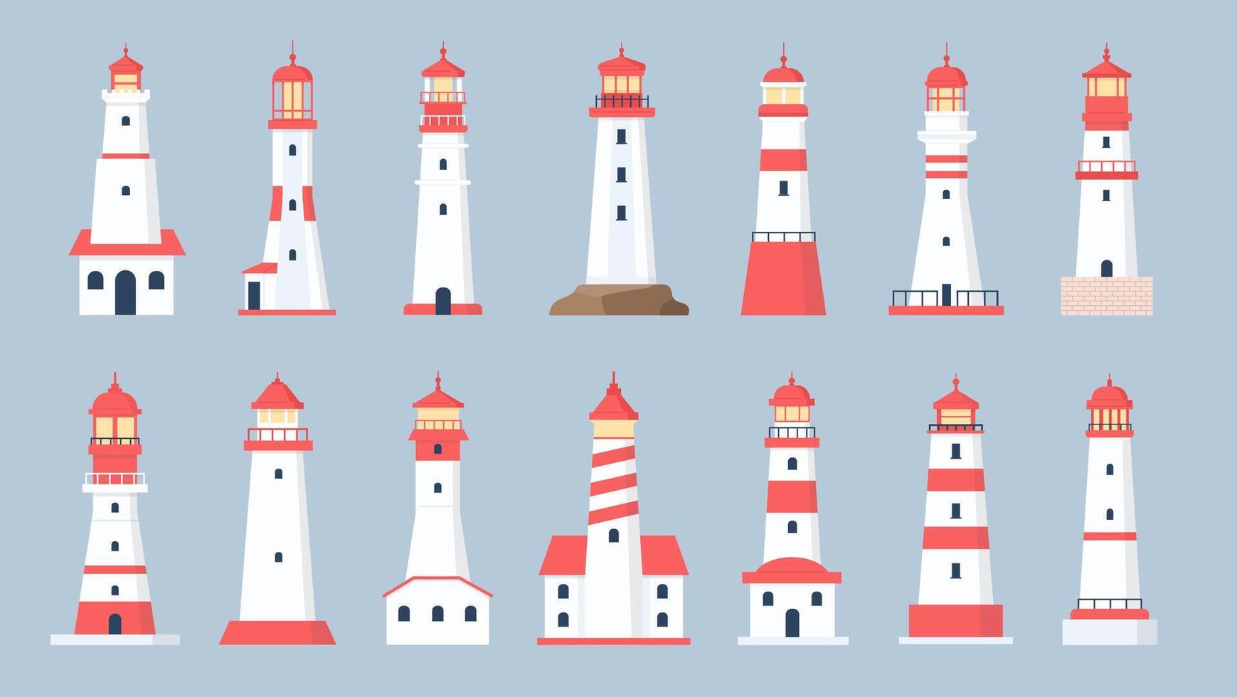 Lighthouse towers. Cartoon sea beacon design. Coastline marine navigation house with beaming searchlight signal. Flat lighthouses vector set
