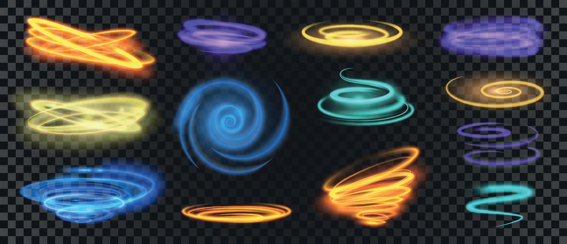 Glowing light spirals, circles, swirls and speed motion effect. Realistic shiny neon trail curves. Magic energy rings and waves vector set