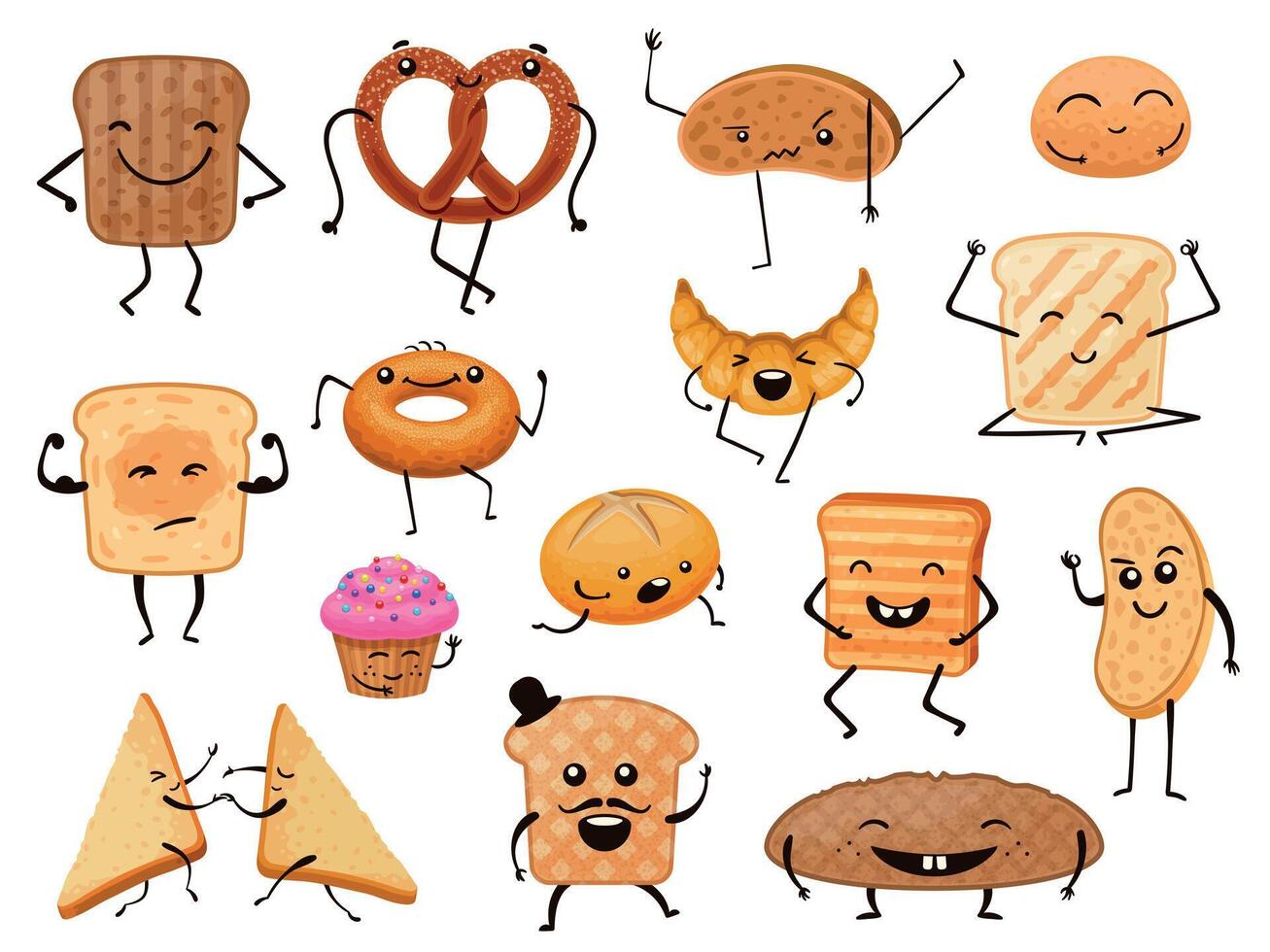 un pan caracteres. gracioso dibujos animados panadería productos, panes, tostadas y dulce Pastelería. desayuno cuerno y mollete con linda caras vector conjunto