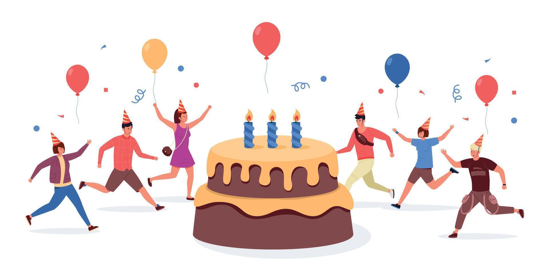 Birthday celebration with cake. Cartoon concept with happy cheerful characters celebrate with sweet desserts. Vector party with colorful pastry illustration