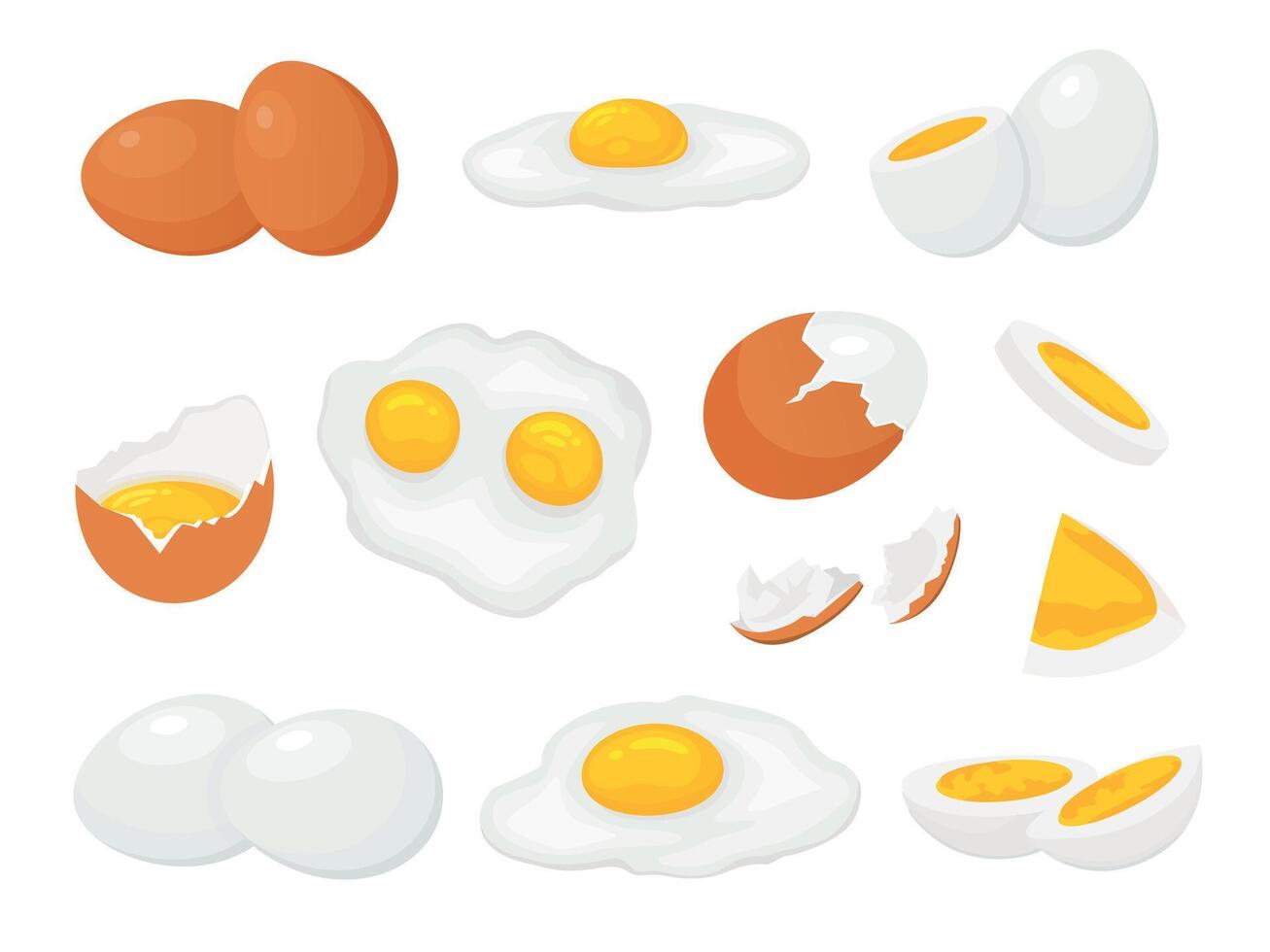 Cartoon raw, broken boiled and fried chicken eggs with yolk. Fresh farm sliced egg, cracked eggshell. Cooked eggs for breakfast vector set