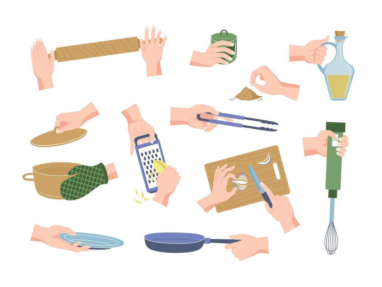 Hands kitchenware set. Female hands holding utensils and culinary accessories, cooking and using kitchen objects. Vector isolated set