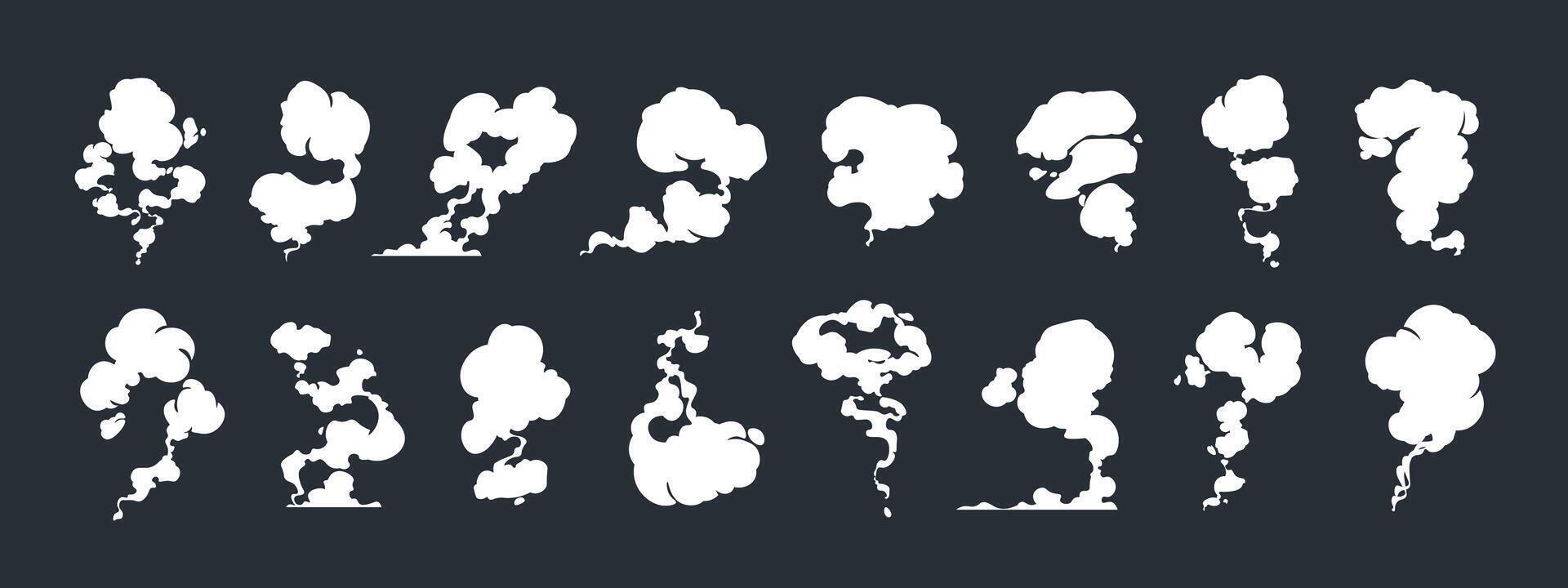 Comic dust effect. Cartoon smoke and steam trails sprite animation, cloud fume and puff motion game asset. Vector coffee vapor and explosion silhouette collection