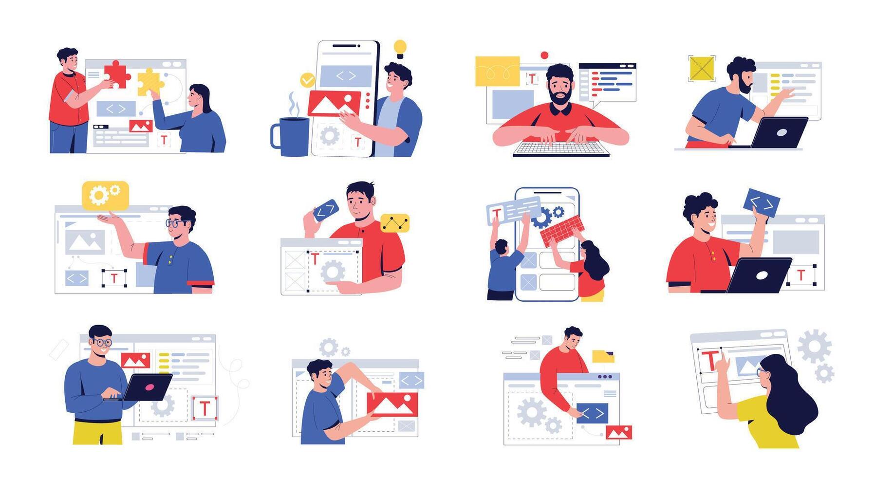 software desarrollo caracteres. personas trabajando en Interfaz y back-end web programa, móvil solicitud desarrolladores y programadores codificación y secuencias de comandos vector aislado conjunto