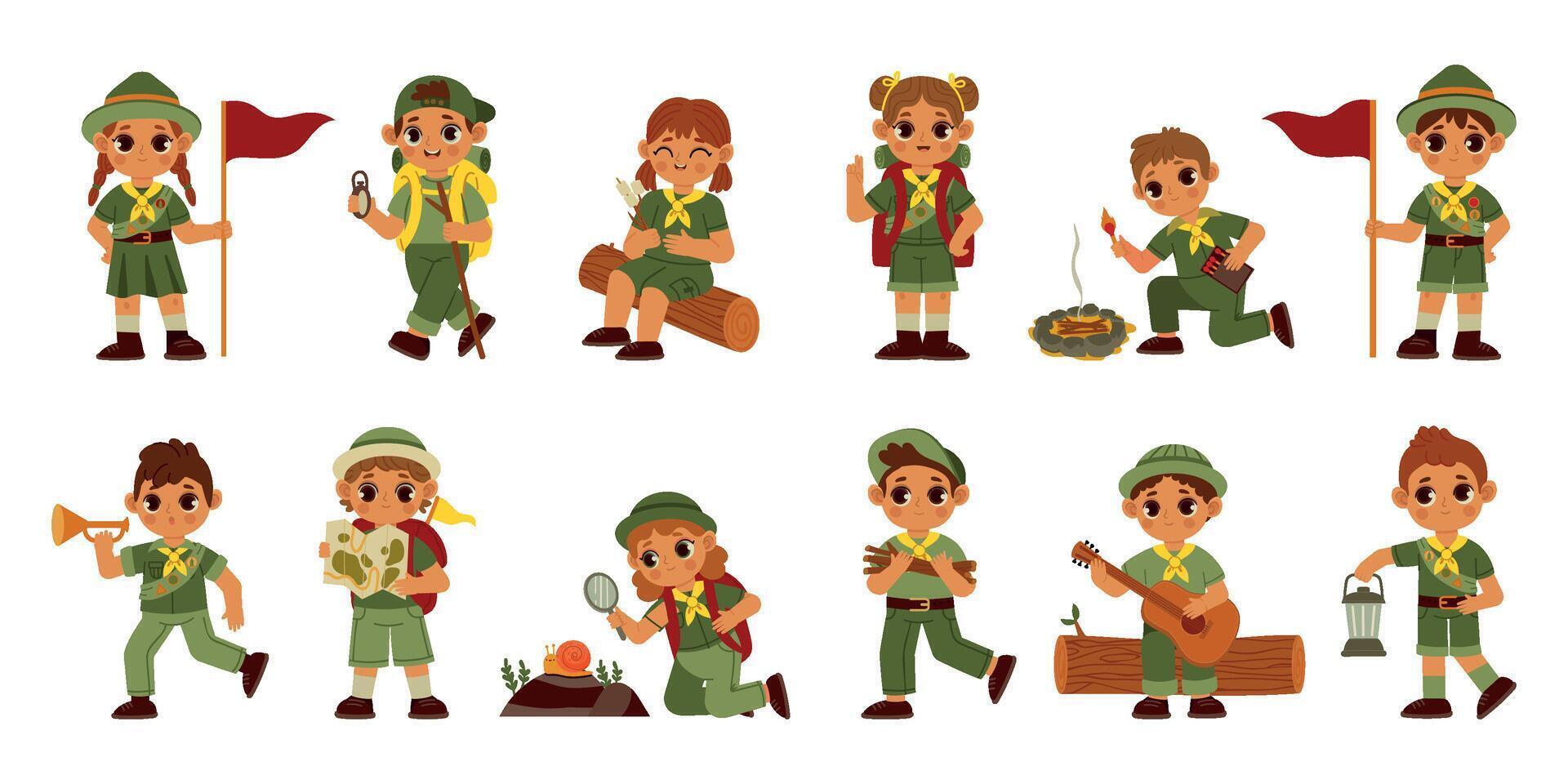explorar niños. linda dibujos animados Niños y muchachas en explorar uniforme para verano acampar sobrevivir en salvaje y construir un acampar. vector niños caracteres