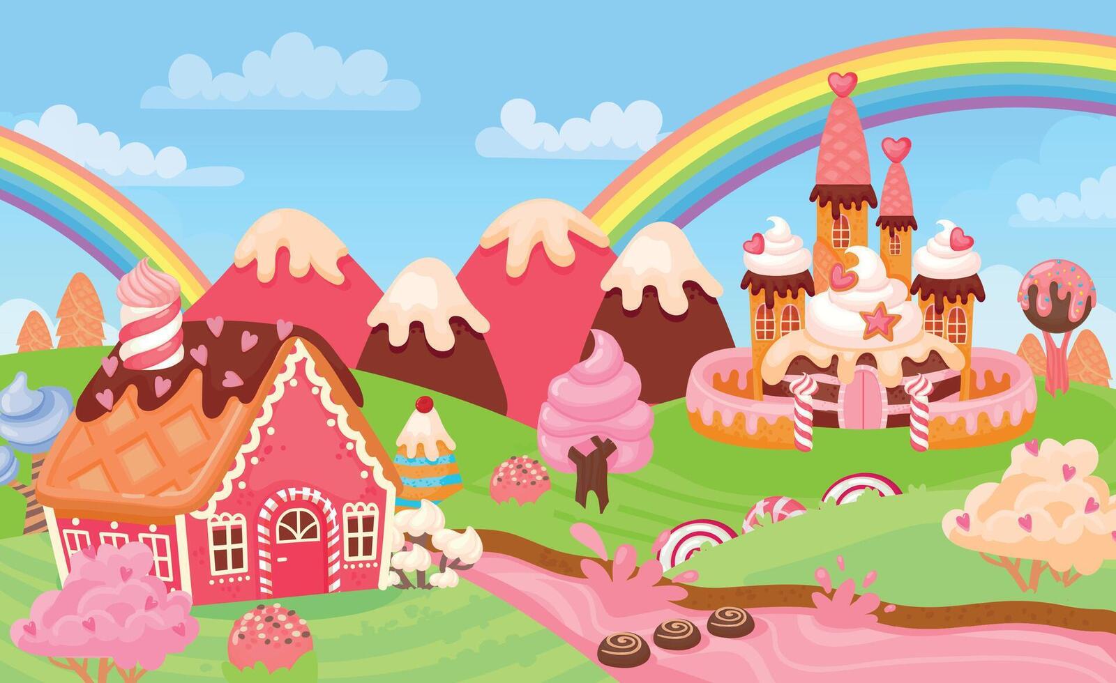 Cartoon fantasy candy land landscape with sweet castle. Fairytale kingdom gingerbread houses, ice cream trees and milk river vector scene