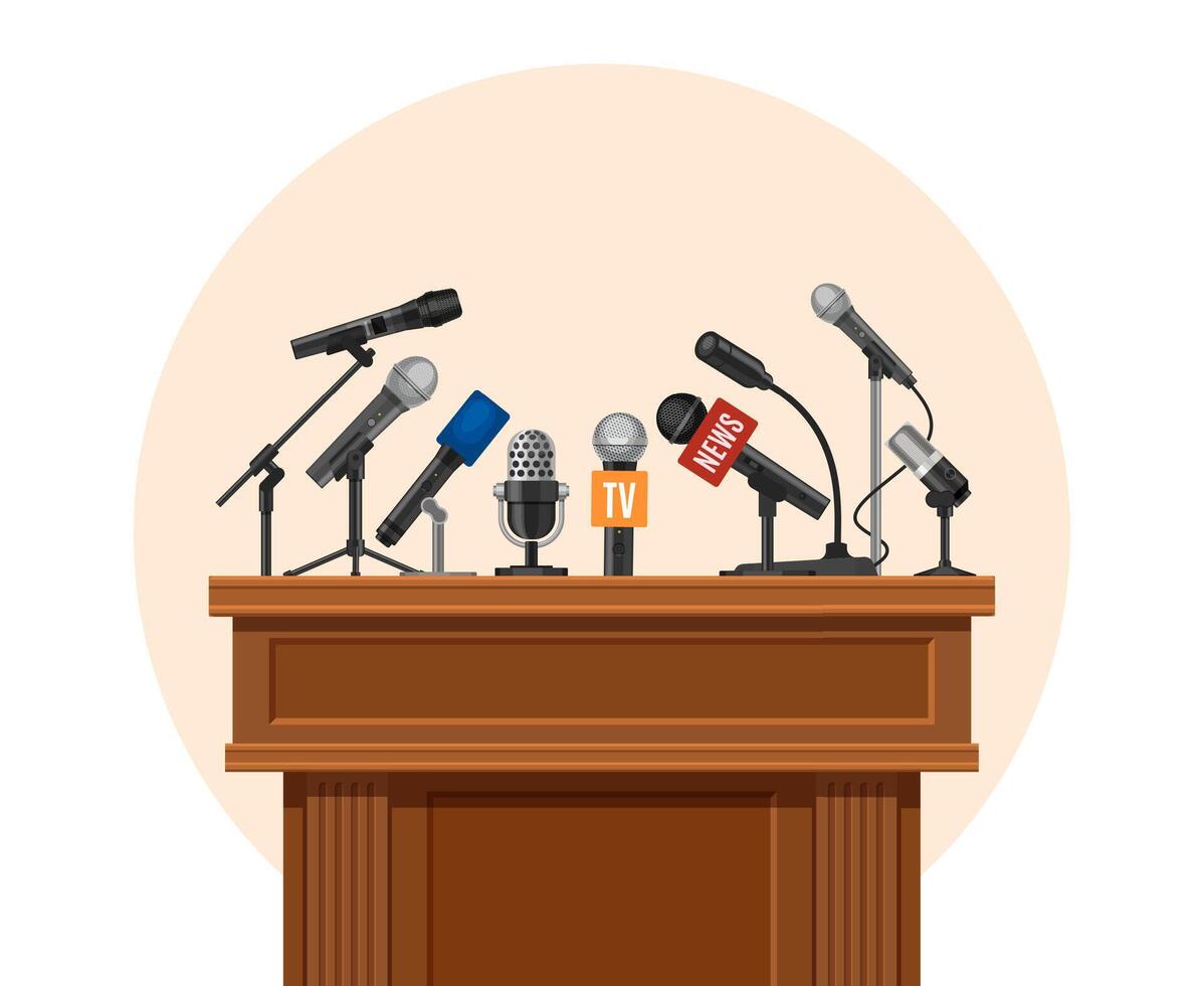 Press conference podium. Tribune for debate speaker with journalist microphone. Platform for interview or public announcement vector concept