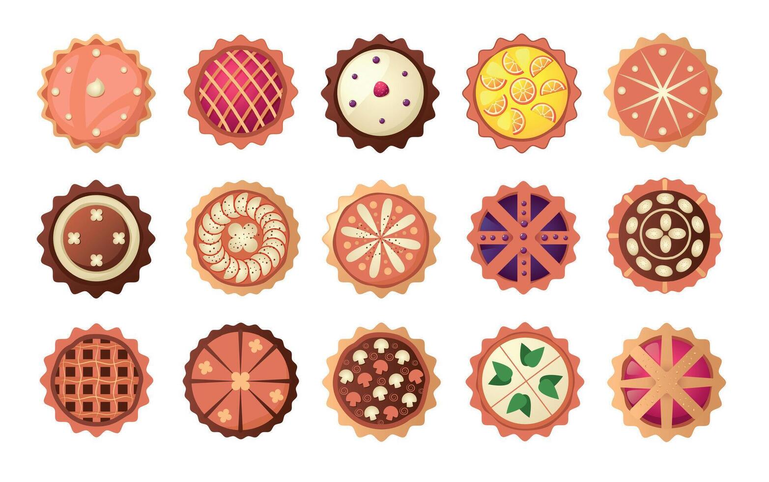Cartoon pie. Homemade whole dessert, sweet berry tart and round cheesecake, tasty pastry and chocolate bakery. Vector rural Thanksgiving desserts collection